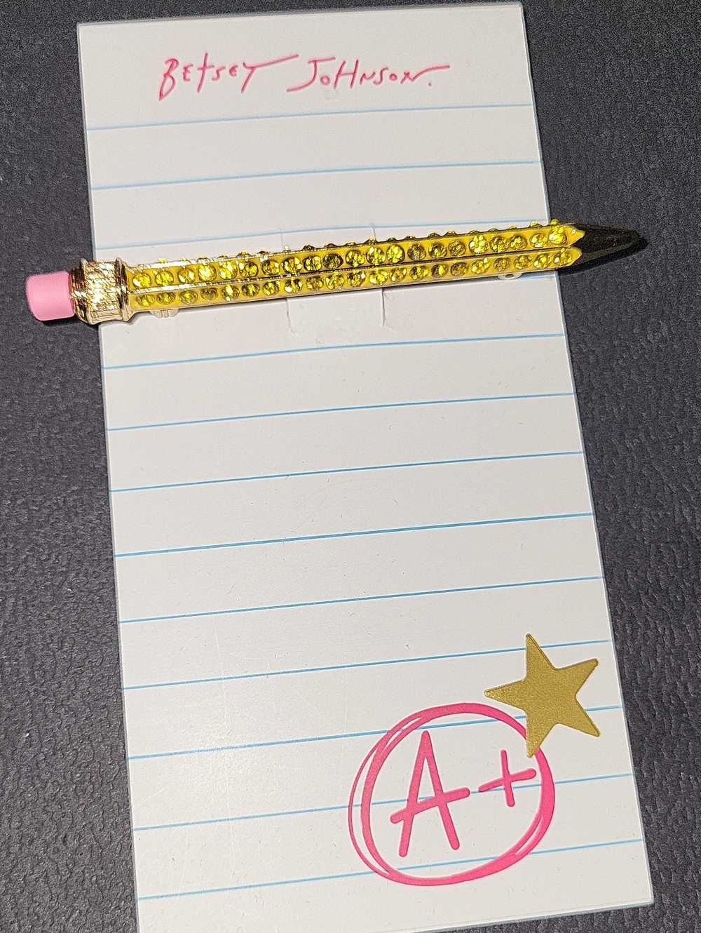 Betsey Johnson Yellow Jeweled Pencil with Pink Eraser Pin Rt Th
